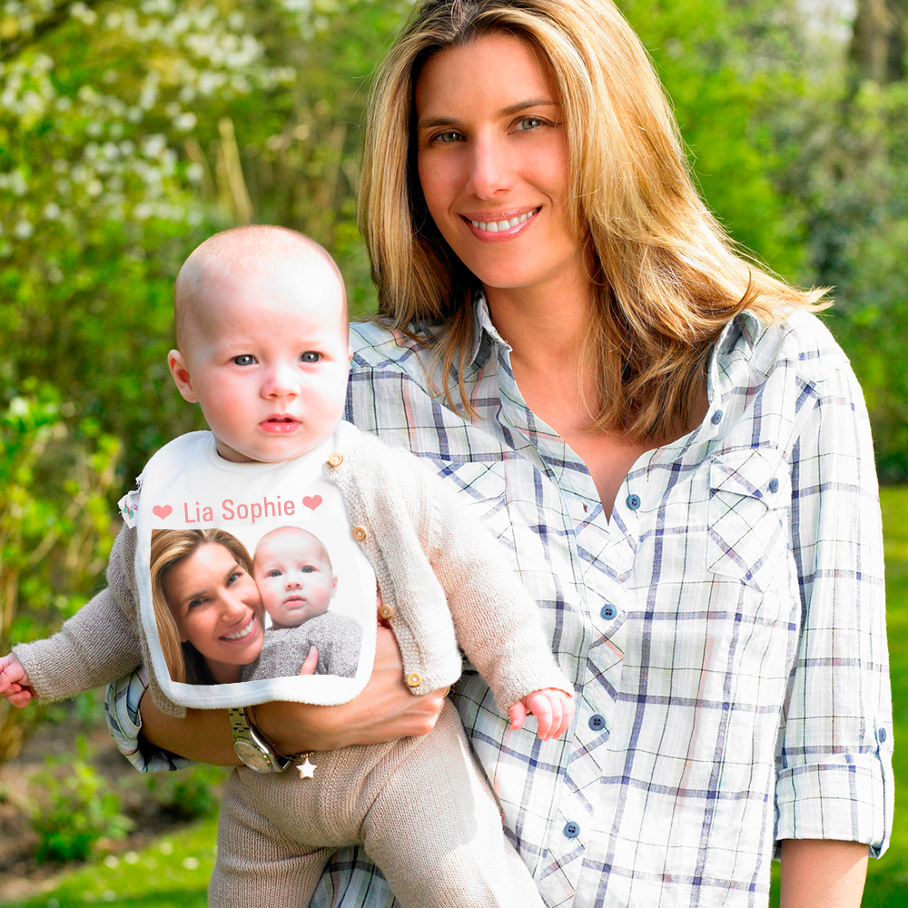 Baby Lätzchen personalisiert mit eigenem Foto, Saum rosa