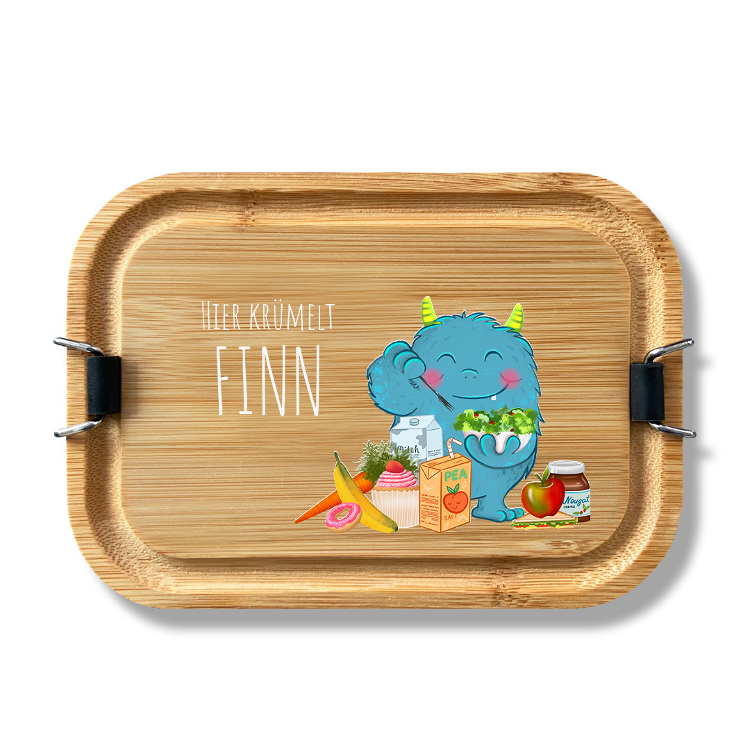 Personalisierte Lunchbox aus Edelstahl und Bambusholz-Deckel (800ml) - Monster